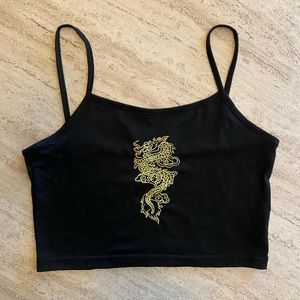 Black crop top with yellow dragon stitched design